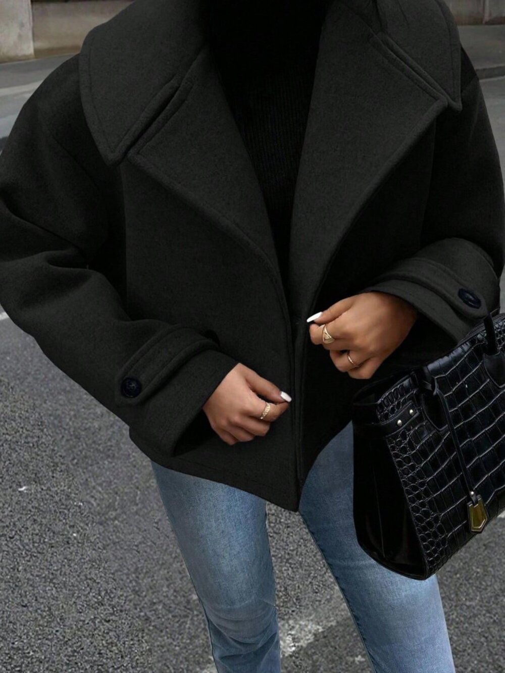 Black Casual Women's Plus Size Long Sleeve Loose Urban Overcoat